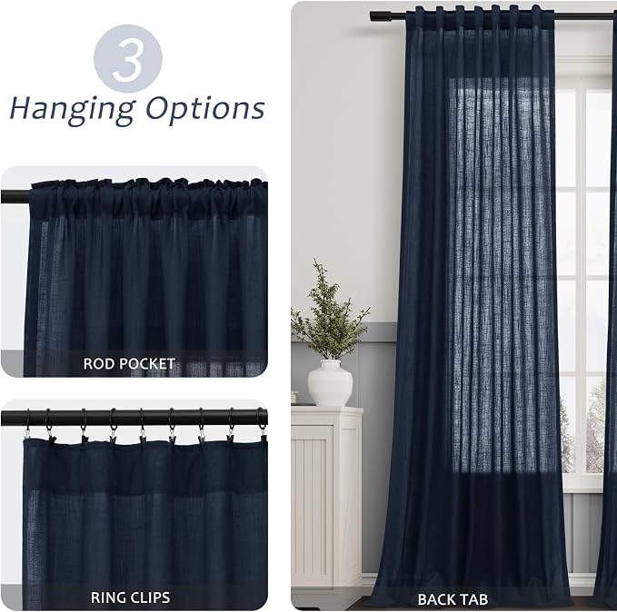 Aersas Navy Linen Curtains 120 Inches Long for Bedroom 2 Panels Back Tab Pocket Drapes Light Filtering Semi Sheer Privacy Dark Blue Curtains for Living Room 52x120