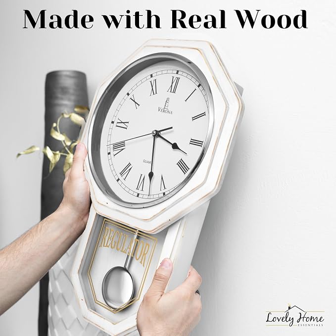White Pendulum Wall Clock - Real Wood Regulator Clock - Rustic, Farmhouse Schoolhouse Design 18x11 - Quiet, Non-Chiming, Wooden & Battery Operated - Decorative Wall Decor for Living Room, Home, Office