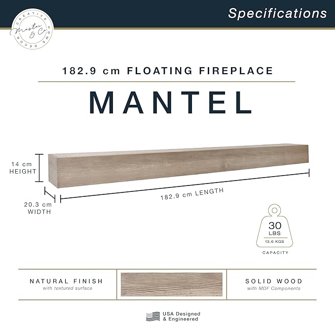 MCS 72-Inch Mantel, Master & Co Antique Natural Finsh Solid Wood Floating Fireplace Mantel, Long Floating Shelf for Livingroom with Wood Cleat Hanging System, Photo and Home Decor Display Shelf