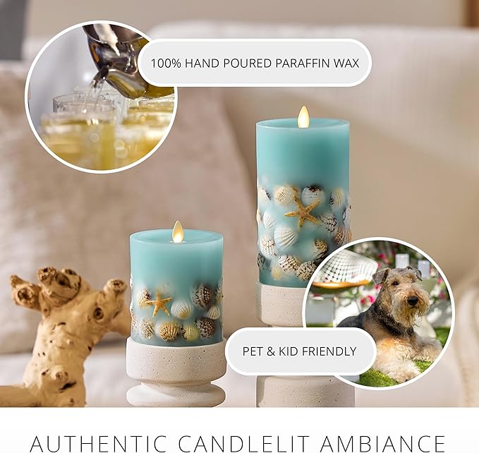 Luminara Flameless LED Candle Soft Teal Embedded Seashell & Starfish Moving Flame Pillar Unscented Real Wax with Recessed Edge, Timer (6.5-inch)