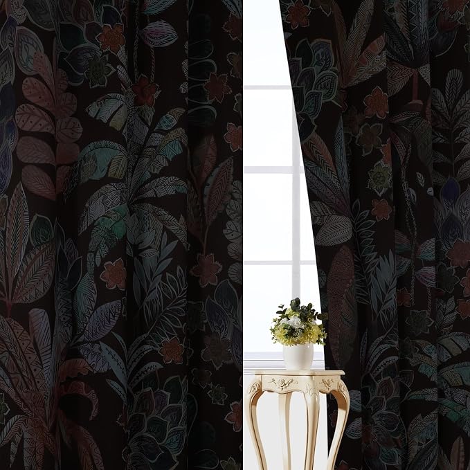 Estelar Textiler Brown Boho Leaves Printed Blackout Curtains 72 inch Length 2 Panels Set,Farmhouse Room Darkening Thermal Insulated Window Grommet Curtains for Bedroom Living Room,52Wx72L