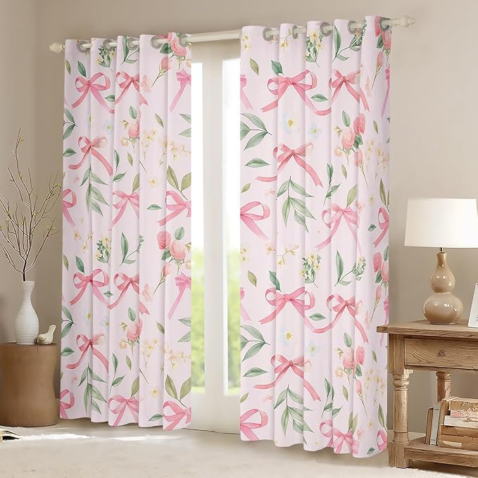 Feelyou Bow Room Darkening Blackout Curtain (2 Panels, 38 x 54 Inch) Pink Girls Bow Curtains for Bedroom Living Room Cute Bowknot Blackout Curtains Floral Flower Window Treatments Kawaii
