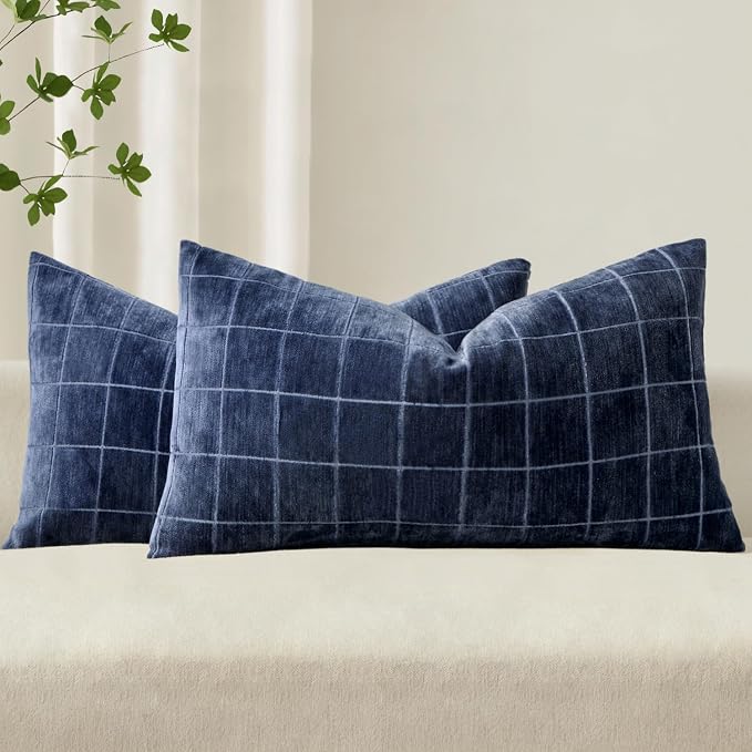 MIULEE Navy Blue Plaid Decorative Throw Pillow Covers 12x20 Set of 2 | Vintage Check Chenille Couch Pillows Neutral Boho Farmhouse Cushion Covers Modern Home Decor for Sofa Bed Living Room