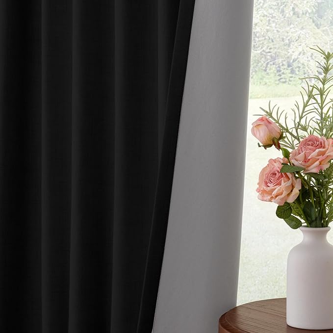 INOVADAY 100% Blackout Curtains for Bedroom, Black Out Curtains 72 Inch Long, Clip Rings Linen Blackout Drapes, Thermal Insulated Room Darkening for Living Room, 2 Panels - Black,W50xL72