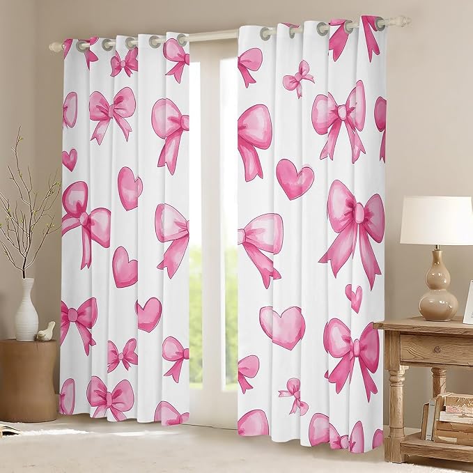 Erosebridal Pink Bow 52" Wx63 L Window Curtain for Girls,Kawaii Love Bowknot Kids Window Treatments Cute Girly Bow Curtain Romantic Heart Bowknot Curtains & Drapes Bedroom Decor