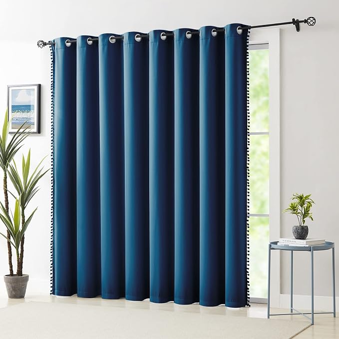 Treatmentex 100% Blackout Patio Door Curtains 100x84 Navy Blue Pom Pom Curtain Panels for Sliding Glass Door, Energy Efficient Thermal Insulated Blackout Curtains for Living Room Bedroom Grommet Top