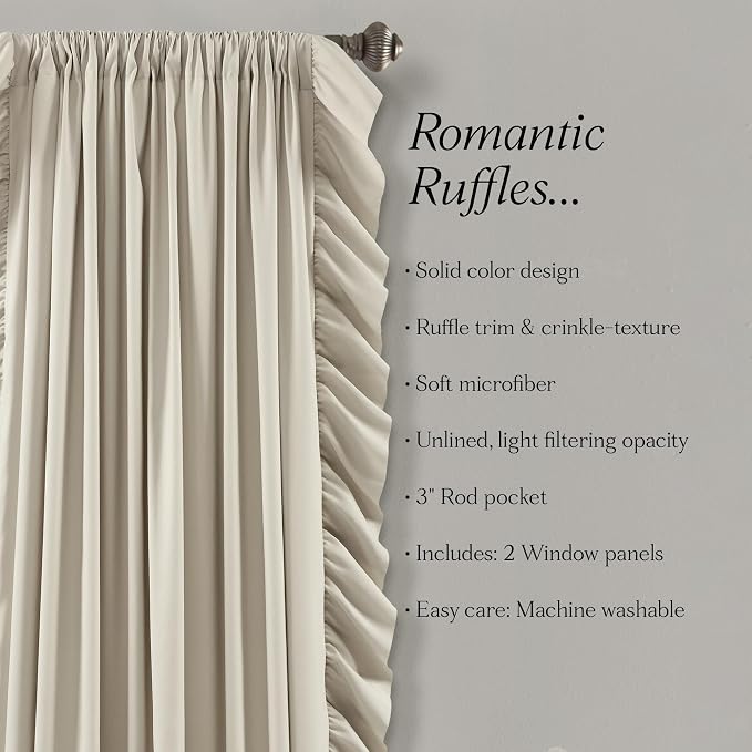 Lush Decor Reyna Ruffle Window Curtain Panel Set, Pair, 54" W x 108" L, Wheat - Flowy Curtain Set - Romantic Ruffle Curtains for Bedroom, Living room, or Dining Room - Farmhouse & Cottage Home Decor