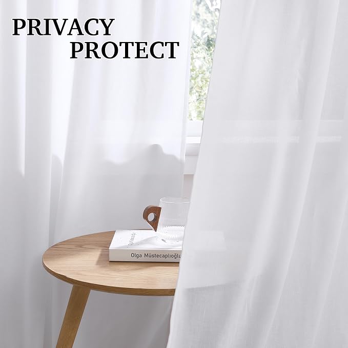 RYB HOME Living Room Curtains Linen Sheer, Light Filtering White Linen Curtains & Drapes 95 inches Long 2 Panels Back Tab Backdrop for Farmhouse Bathroom, W 52 x L 95 inches