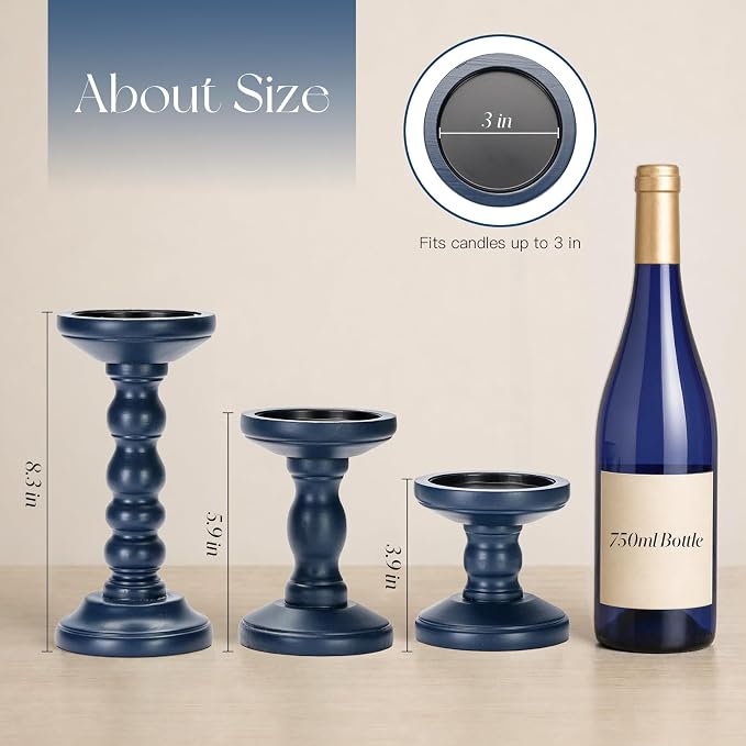 Candeldo Wooden Candle Holders Pillar: Navy Blue Candlestick Holders Table Centerpiece Blue Kitchen Decor Rustic Farmhouse Coastal Decorations for Fireplace Mantle