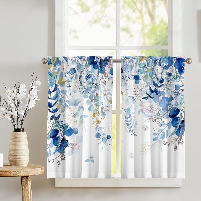Blue Eucalyptus Leaves Kitchen Curtains Watercolor Plant Floral Curtains 39 Inches Spring Summer Blue and White Cafe Small Drapes Farmhouse for Bathroom RV Camper Light Filtering Rod Pocket 2 Panels