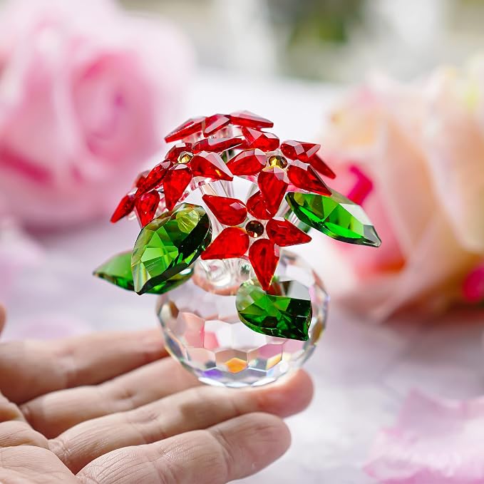 Red Crystal Poinsettia Flower Figurine Christmas Table Centerpiece Decor | Glass Craft with 6 Blooms Tabletop Centerpiece Home Office Party Decor Collectible Gift for Women Mom