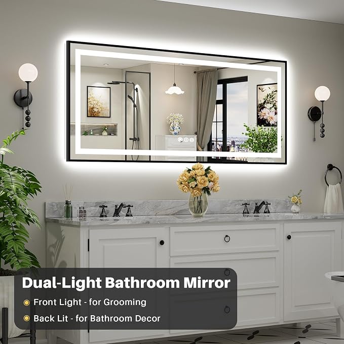 72x32 Inch LED Bathroom Mirror with Black Frame, Backlit & Front Lit, Anti-Fog Lighted Bathroom Vanity Mirror for Wall, Memory Function, Dimmable, HD Tempered Glass, Shatter-Proof