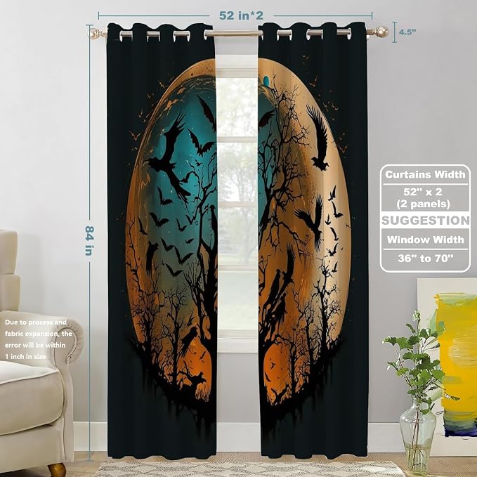 Shrahala Happy Halloween Funny Thermal Insulated Blackout Window Curtains, Yellowish Blue Moon Trees Bird Long Drapes for Bedroom/Living Room with Plastic Grommet, 52X84 Set of 2