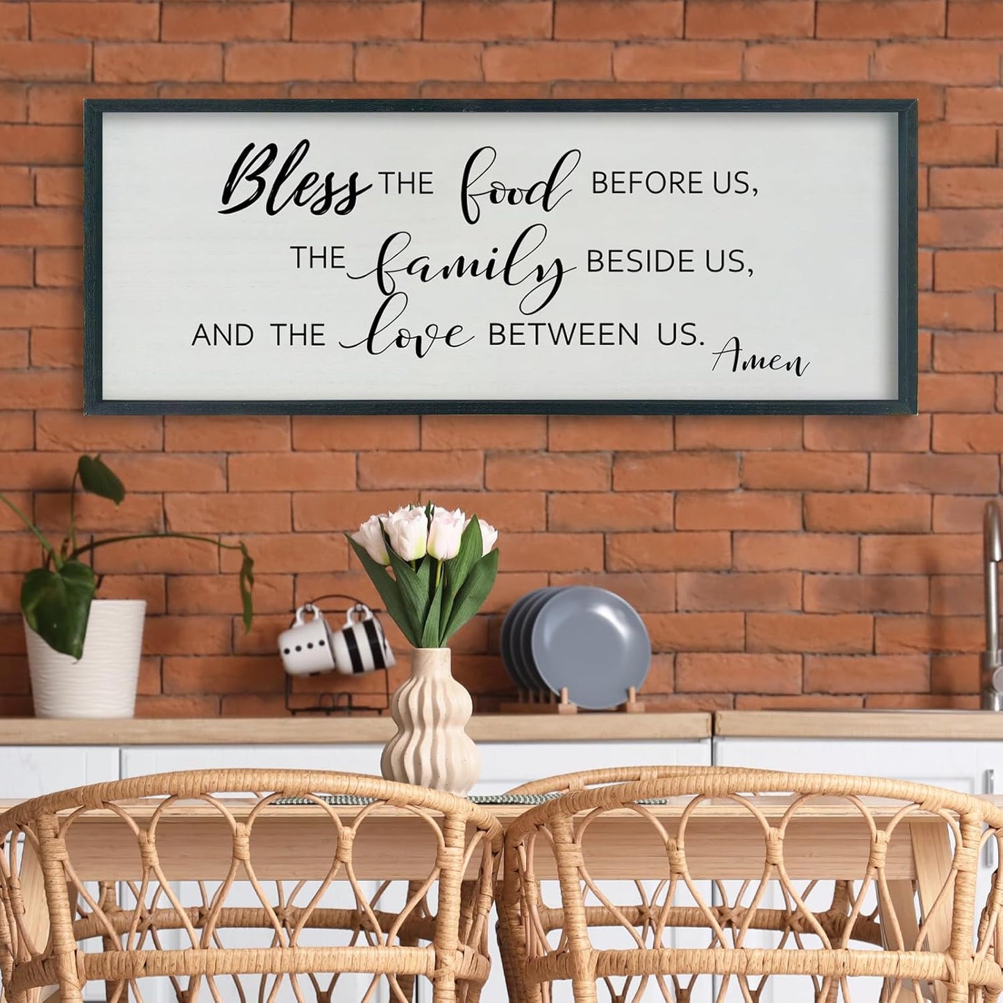 SRSZHIYUE Bless the Food Before Us Wall Sign Decor 40"×15" Christian Bible Verse for Farmhouse Rustic Kitchen Dining Room Framed Wood Scripture Religious Jesus Prayer Wall Art (Black)