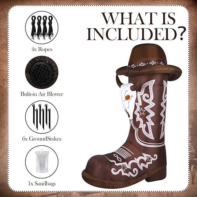 MiniInflat 7ft Inflatable Western Boots with Built in LED Lights Blow up Boots Decoration for Western Cowboy Cowgirl Birthday Baby Shower Party Indoor Outdoor Yard Decor(Cowboy)