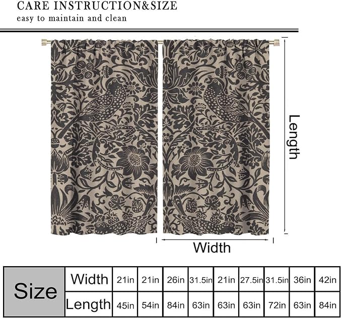 William Morris Style Blackout Window Curtains, Vintage Flower Birds Medieval Abstract Floral Window Drapes, for Living Room Bedroom 21(W)*54(L) 2 Panels