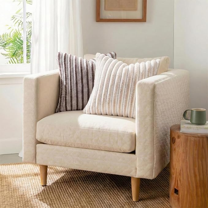 Pallene Faux Fur Plush Throw Pillow Covers 22x22 Set of 2, Luxury Soft Fluffy Striped Decorative Pillow Covers for Sofa, Couch, Living Room, Ombre Coffee