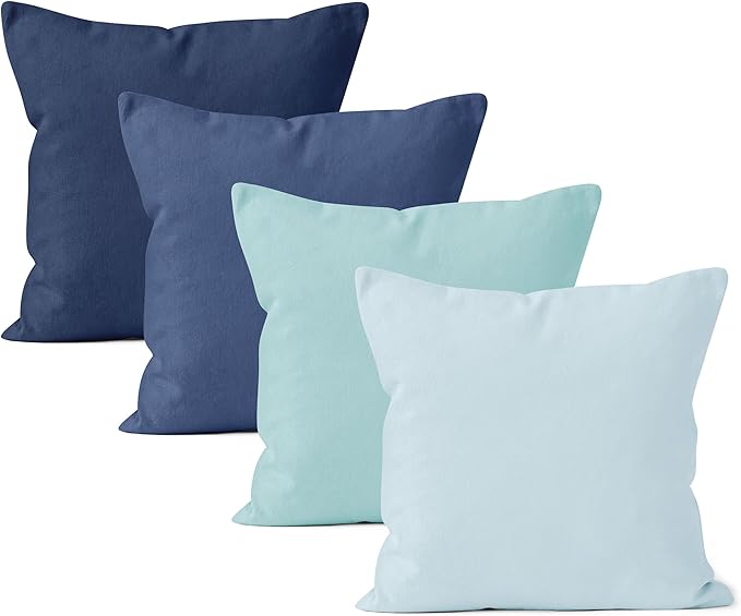 Encasa XO Throw Pillow Covers 18x18 in Set of 4 Blue Combo | No Inserts | Cotton Pillow Covers for Living Room, Bed, Sofa, Couch | Decorative Cushion Covers with Improved Zipper