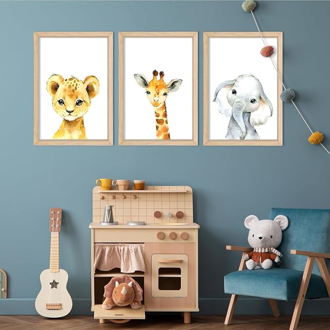 Nursery Decor Safari Baby Animal Giraffe Elephant Lion 3Pc 16x24 Wood Frame | Cute Prints Sign Wall Art for Children's Room