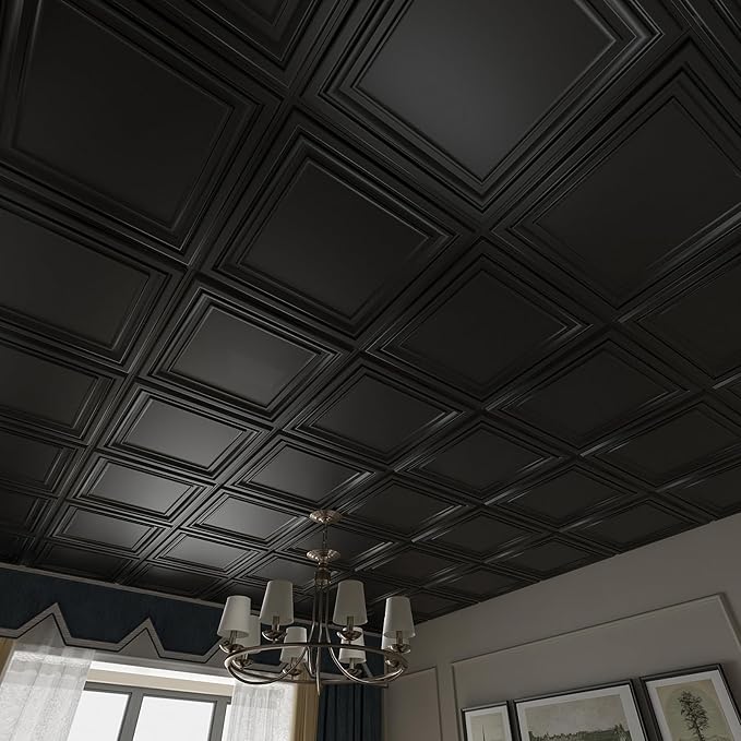 Art3d PVC Ceiling Tiles 2x2 ft 24-Pack (Covers 96 Sq.ft) - Paintable 3D Design, Water & Corrosion Resistant, Easy Install for Drop Ceiling & Flat Substrates, Home & Commercial Decor, Black