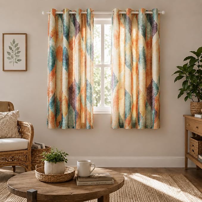 Leeva Short Linen Textured Curtains, Geometric Print Privacy Grommet Window Treatment Curtain Panels for Bedroom Living Room, Set of 2 Packs, 52 x 63 Inches, Orange