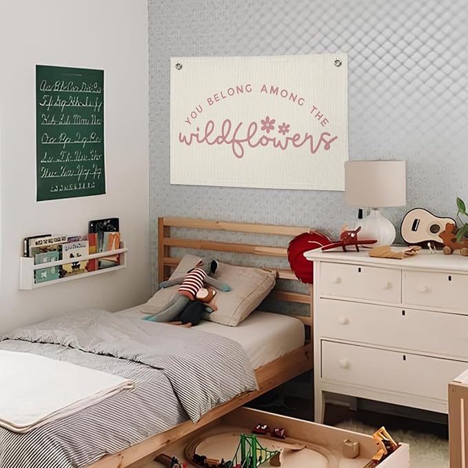 Wildflower Nursery Decor, Pink Floral Wall Art Vintage Nursery Wildflower Banner, Baby Girl Nursery Decor - 20x30 Inch