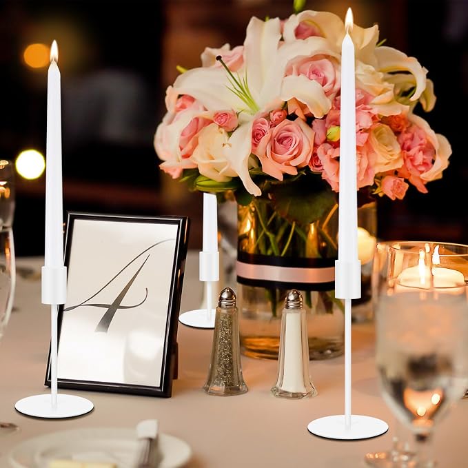 12 Set Candle Holders Bulk with 10'' Dripless Taper Candles 3.3'' 5.5'' 6.3'' Metal Candlestick Holders Vintage Modern Decorative Table Centerpiece for Wedding Birthday Home Decor (White)