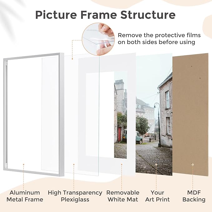 FLYJOE 11x14 Picture Frame - 11 by 14 Metal Picture Frame With Mat For 8x10 | 14x11 Frame Aluminum | Plexiglass And Hanging Hardware Included | 11x14 Poster Frame | Silver