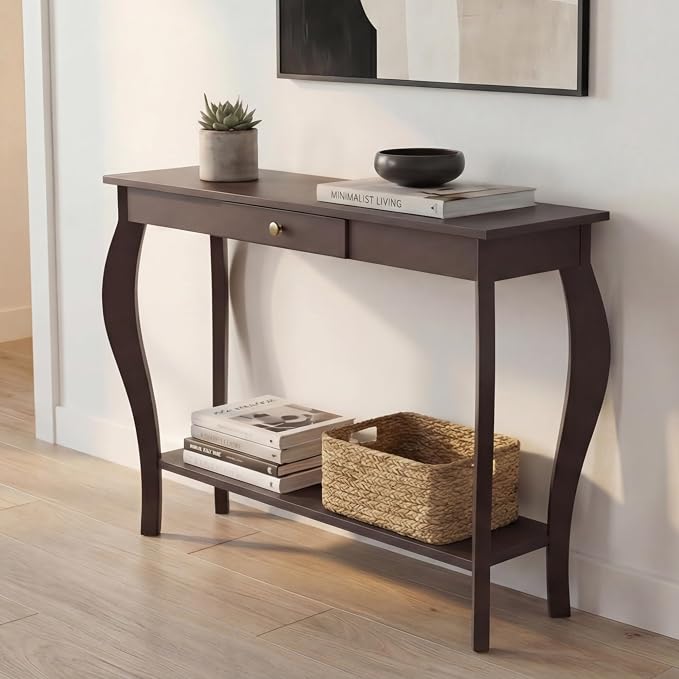 ChooChoo Narrow Console Table with Drawer, Chic Accent Sofa Entryway Table with Shelves for Entryway, Living Room, Hallway, Espresso