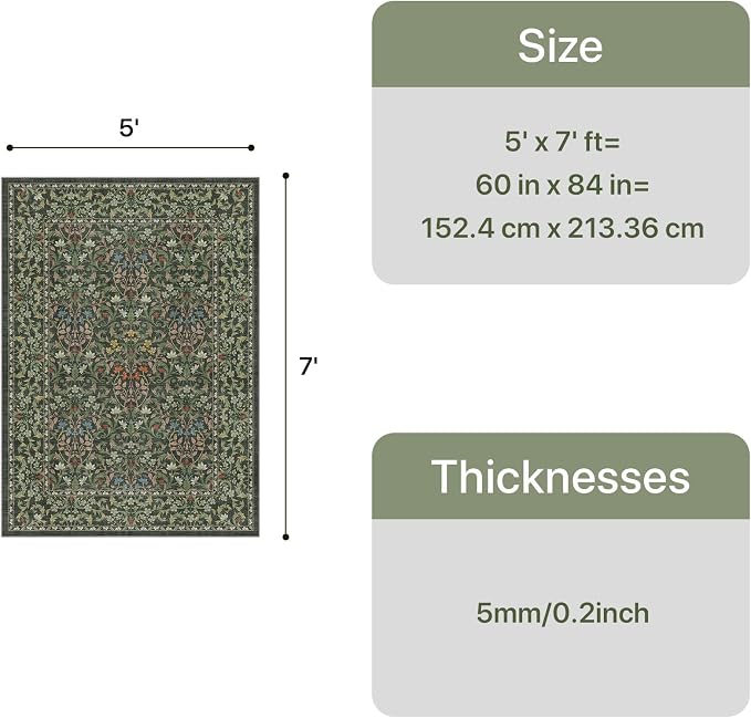 GENIMO 5x7 Washable Area Rugs for Living Room, Non Slip, Emerald Green | Vintage Boho Floral Low Pile Thin Carpet for Bedroom, Dining Room, Nursery, Indoor Decor