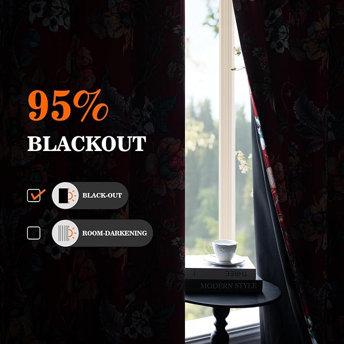 MYSKY HOME 95% Floral Blackout Curtains 63 Inch Length Bedroom Black Out Thermal Insulated Curtain Printed Flower Vintage Style Grommet Window Panels Living Room Kitchen, Pack-2, Terracotta