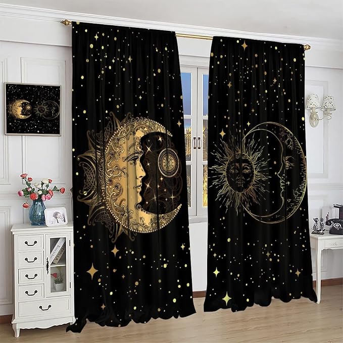 Sun and Moon Blackout Windows Curtains, Golden Planet Star Mysterious Galaxy Curtains Space Curtains, for Living Room Bedroom 52x84in 2 Panels