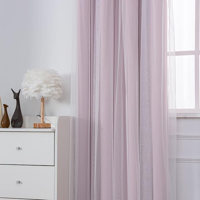 INLINAS Pale Pink Blackout Curtains with Sheer Overlay - Grommet Top Thermal and Noise Reduction Panels for Bedroom and Living Room Light Blocking and Energy Saving, 37 x 84 Inches, Set of 2