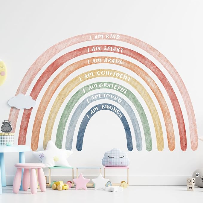 Tinideya 77" x 47'' Large Watercolor Rainbow Wall Decal with Inspirational Quote, Peel and Stick Rainbow Stickers Watercolor Vinyl Wall Mural Art for Girls Toddlers Playroom Bedroom Classroom(Cute)