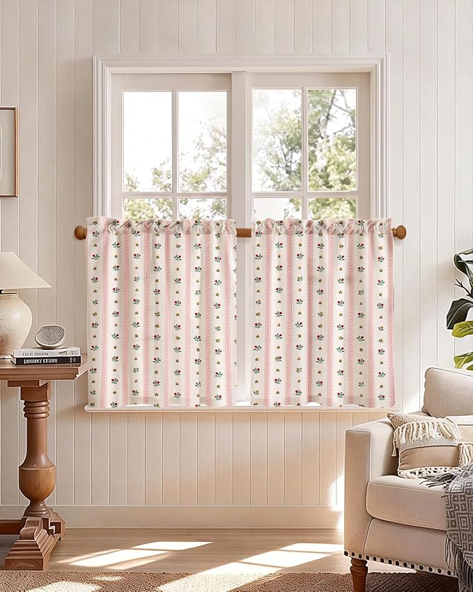 Miss Adola Farmhouse Kitchen Tier Curtains - 24 Inch Length Linen Blend Boho Floral Cafe Curtains Stripe Small Window Treatments Over Sink Rod Pocket for Bathroom Living Room Light Filtering, 2 Panels