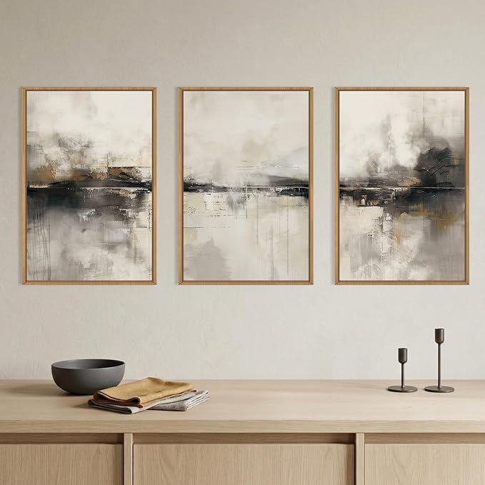 HOURIA Large Abstract Neutral Beige & Black Framed Canvas Wall Art Set,Modern Minimalist Brown Wall Decor,Textured Gray Tan Illustrations Artwork for Living Room, Bedroom, Farmhouse- 24"x36"x3