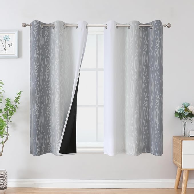 Estelar Textiler Grey and Greyish White Blackout Curtains 45 Inch Length, Light Blocking Gradient Drapes for Bedroom, Thermal Insulated Grommet Ombre Curtains for Bathroom,42Wx45L,2 Panels