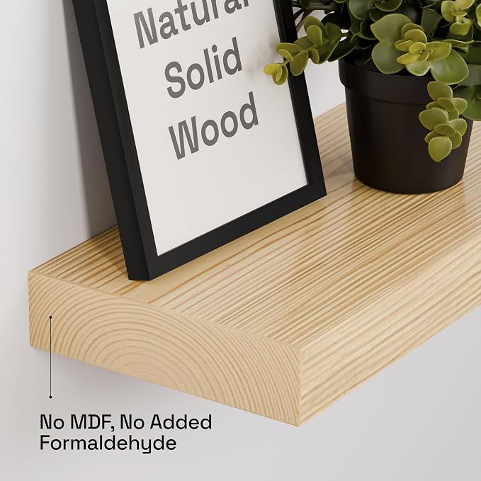 Solid Wood Floating Shelves for Wall 20 Inch Natural Wood, Wooden Shelf | Real Wood, 20 Inches Wide, Wall Mount, Light Oak, Kitchen Bathroom Bedroom, Rustic , Natural Oak Finish, 20W × 6.7D, Set of 2
