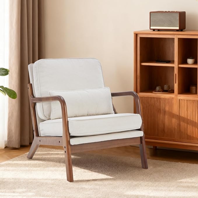 DUMOS Mid Century Modern Accent Chair, Armchair with Lumbar Pillow and Waist Cushion, Solid Wood Frame Lounge Chair for Living Room, Bedroom, Reading Nook, Small Apartment Corner, Ivory White