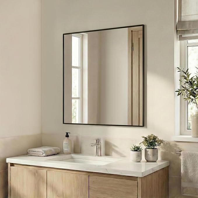 30"x30" Matte Black Framed Square Bathroom Vanity Wall Mirror | Accent Wall Mirror, Square Geometric Look, Slim Metal Frame, Living Room, Entryway, Keyhole Mount, Tempered Glass