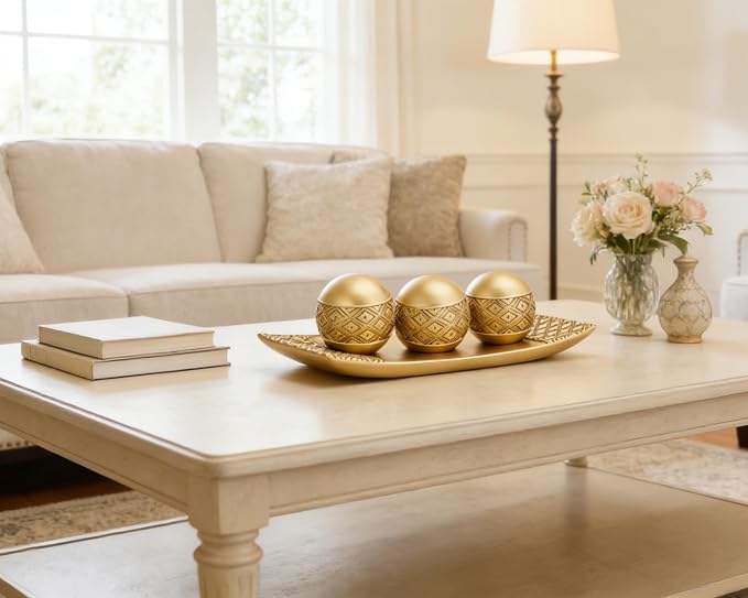 Gold Decorative Orbs with Tray Set, 3Pcs Resin Decorative Balls with Tray, Modern Accent Sphere for Coffee Table, Dining Table, Living Room, Entryway