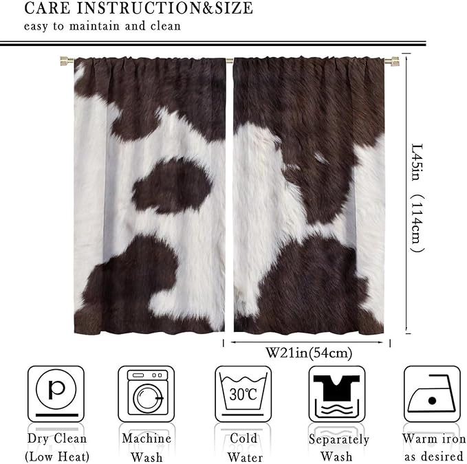 Cow Print Blackout Curtain,Retro Animals Fur Skin Cowhide Farm Style Window Treatments Rod Pocket Curtain for Bedroom Living Room Kitchen Decor Drapes 42x45in