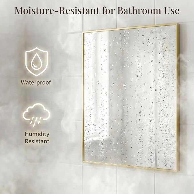 24"x36" Satin Gold Framed Rectangle Bathroom Vanity Wall Mirror | Over-Sink Vanity Mirror, Slim Metal Frame, Entryway or Dresser Use, Vertical/Horizontal Mount, Tempered Glass