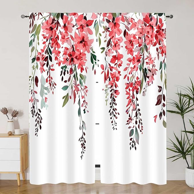 Red Watercolor Floral Curtains, Botanical Leaves Vine Flowers Curtain, Rustic Farmhouse Flower Leaf Blackout Window Treatment Drapes for Bedroom Living Room 52x72 inch, 2 Panels