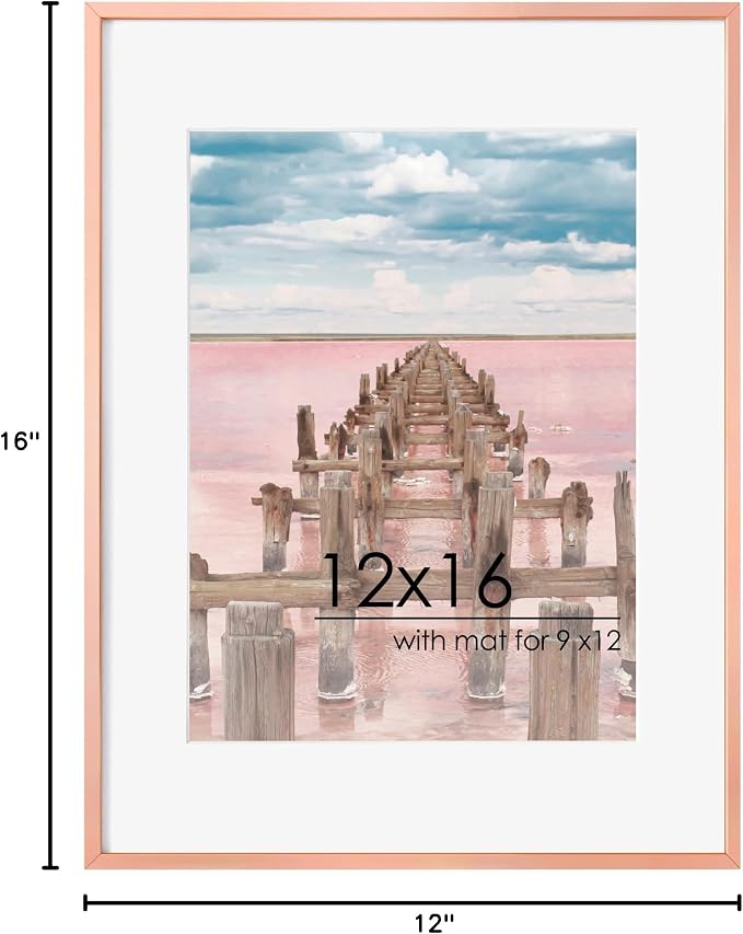 FLYJOE 12x16 Metal Picture Frame for Wall With Mat for 9x12, 12''x16'' Aluminum Certificate Document Frames With Plexiglass, Minimalist Modern Poster Frame Horizontally And Vertically, Rose Gold