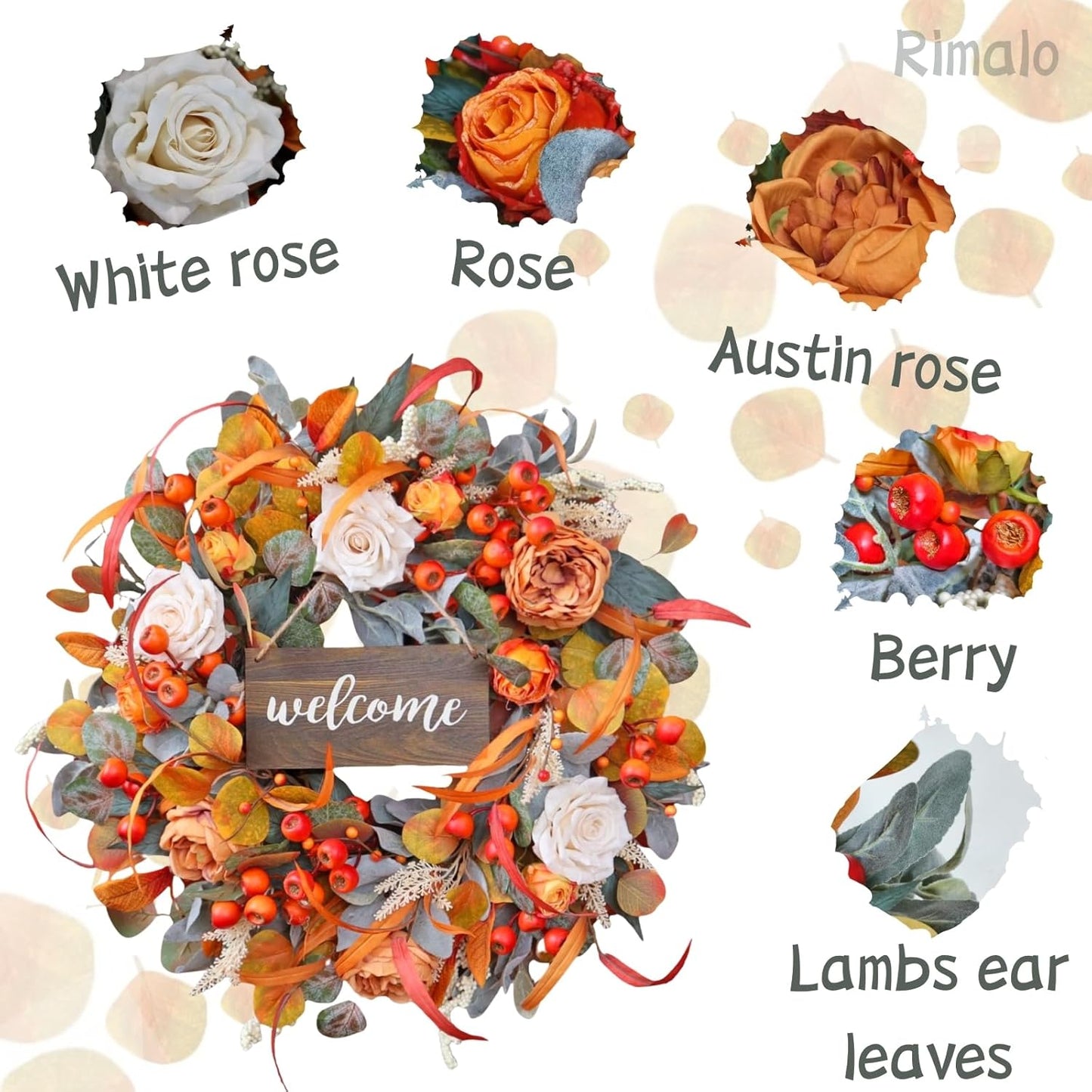 Fall Wreath for Front Door, 24 Inch Autumn Wreath with lamb's Ear Leaves, Roses, Berries & Wooden Sign,Fall Decorations for Home, Artificial Flowers Harvest and Thanksgiving Indoor & Outdoor