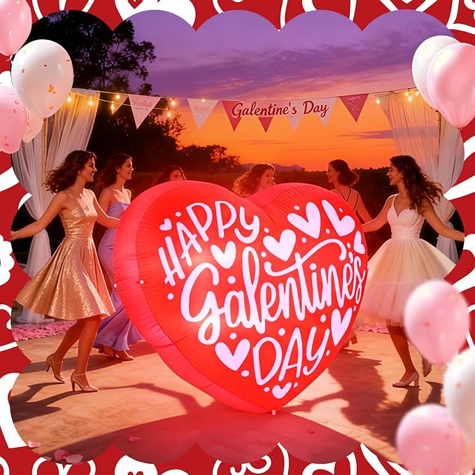 VIHOSE Happy Galentines Day Inflatables Decorations 4.3 ft Pink Valentine Day Blow up Decor Heart LED Lights Inflatable Decor for Ladies Girls Friends Valentine Party Photo Props