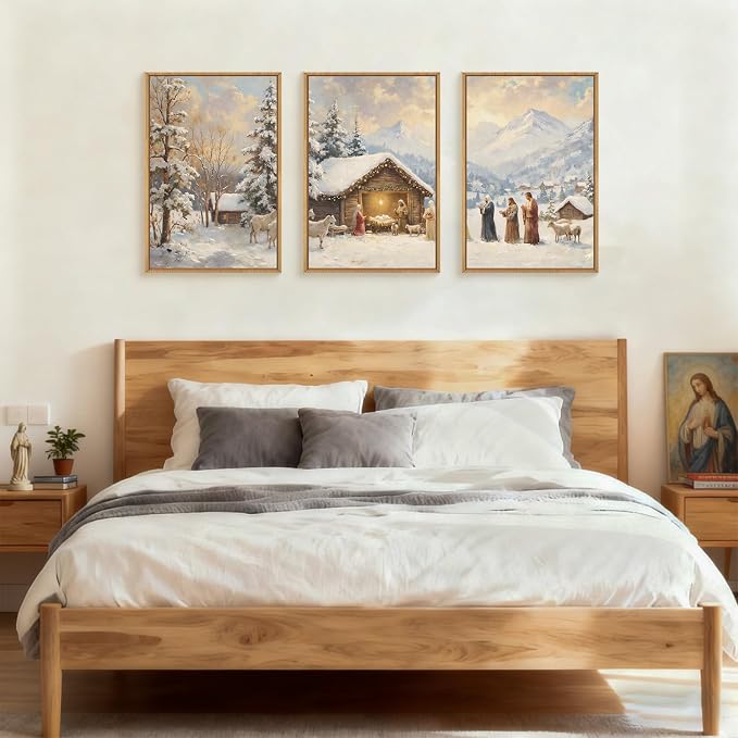 HOURIA Vintage Christmas Nativity Framed Canvas Wall Art Set, Religious Christian Birth of Jesus Biblical Wall Decor, Winter Snowy Landscape Artwork for Living Room,Church,Xmas 16 x24 x3