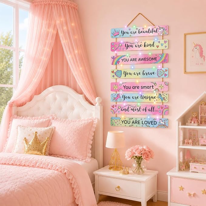 Cute Unicorn Room Decor Set of 8 with Led Light for Teen Girls Kids Toddler, Preppy Inspirational Rainbow Wood Nursery Wall Decor for Dorm Bedroom, Dreamy Cozy Chic Motivational Princess Room Decor
