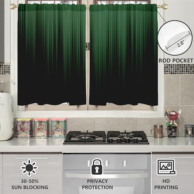 AAtter Green and Black Kitchen Curtains, Ombre 27.5" W x 39" L, 2 Panels | Modern Rod Pocket Bathroom Window Drapes, Dark Abstract Striped Style, Cool Anime Design, Trendy Gradient Small Short Tiers